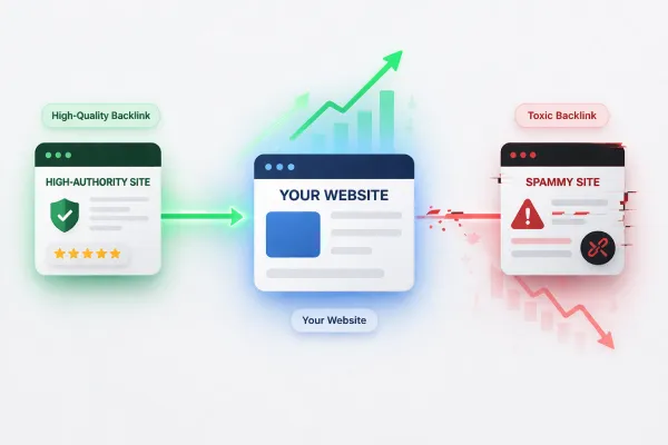 Illustration showing how high-quality backlinks from authoritative sites improve website rankings, while toxic spammy backlinks negatively impact SEO performance and cause ranking decline
