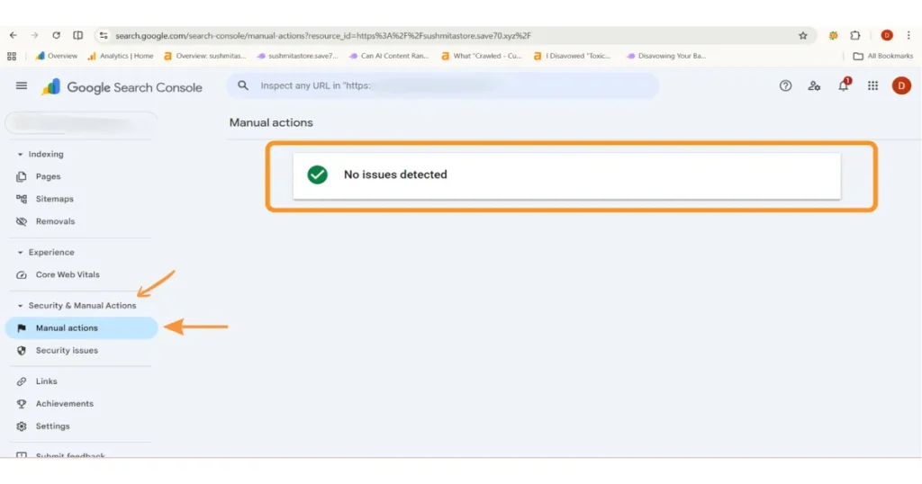 Screenshot of Google Search Console Manual Actions report showing no penalties or issues detected.
