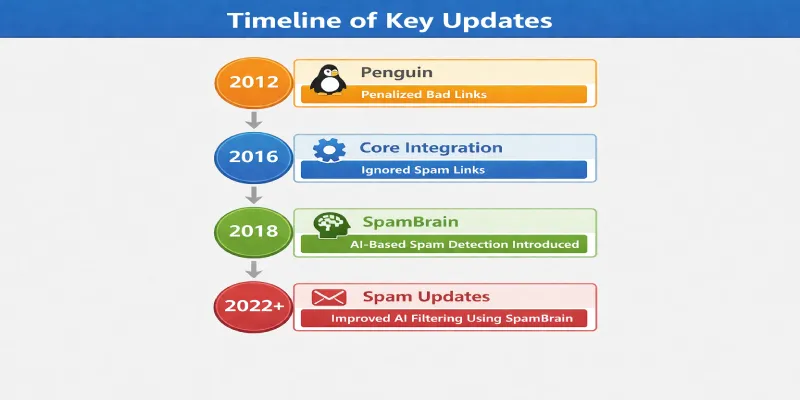 Infographic illustrating a timeline of Google algorithm updates from 2012 to 2022+, highlighting Penguin, Core Integration, SpamBrain, and advancements in AI-based spam detection and link evaluation.