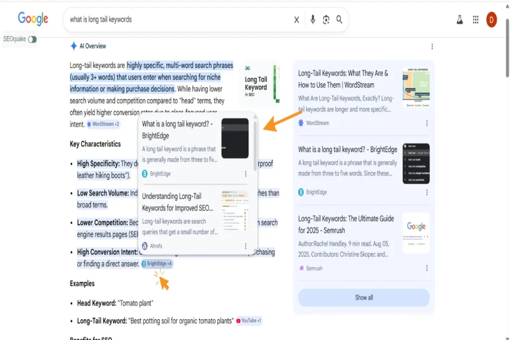 Google search results showing AI Overview for long-tail keywords with hoverable link previews and source citations.