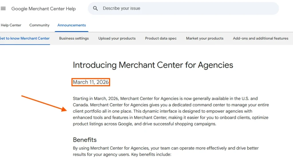 Google Merchant Center for Agencies launch announcement - March 11, 2026