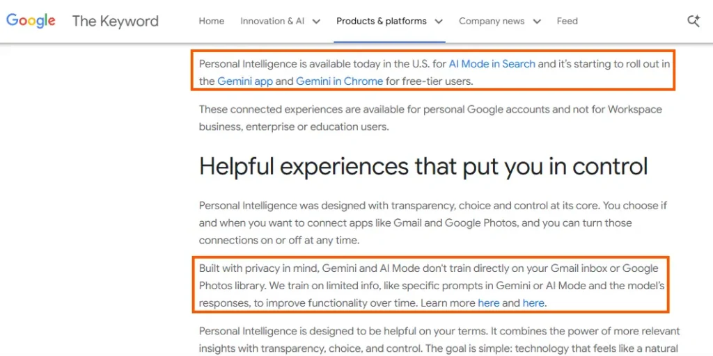 
Google Personal Intelligence privacy details - Gemini and AI Mode don't train on Gmail or Google Photos data