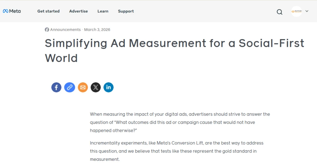 Meta ad measurement update March 2026 showing new attribution model announcement
