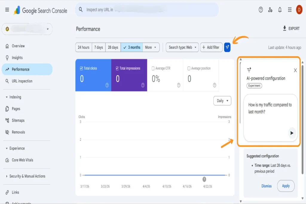 Google Search Console performance dashboard with AI-powered configuration panel for traffic analysis and comparison.