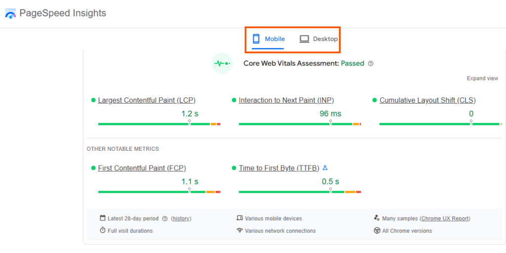PageSpeed Insights Core Web Vitals Assessment Passed - Mobile Score showing LCP 1.2s, INP 96ms, CLS 0