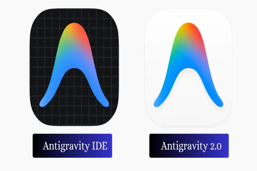 Comparison of Antigravity IDE and Antigravity 2.0 logos, featuring dark and light app icon designs with a colorful gradient mark.