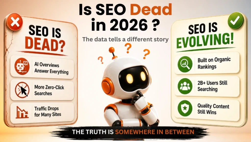 Is SEO Dead in 2026 - infographic showing two sides: SEO is dead arguments like AI Overviews and zero-click searches versus SEO is evolving arguments like organic rankings and 2 billion users still searching