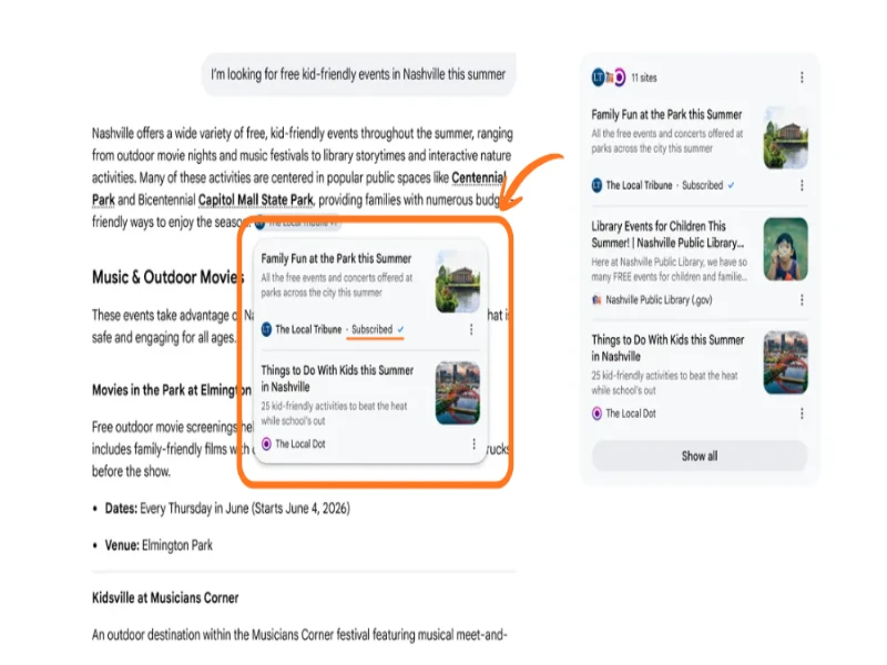 Google Search showing news subscription results with easy access to subscribed news sources.