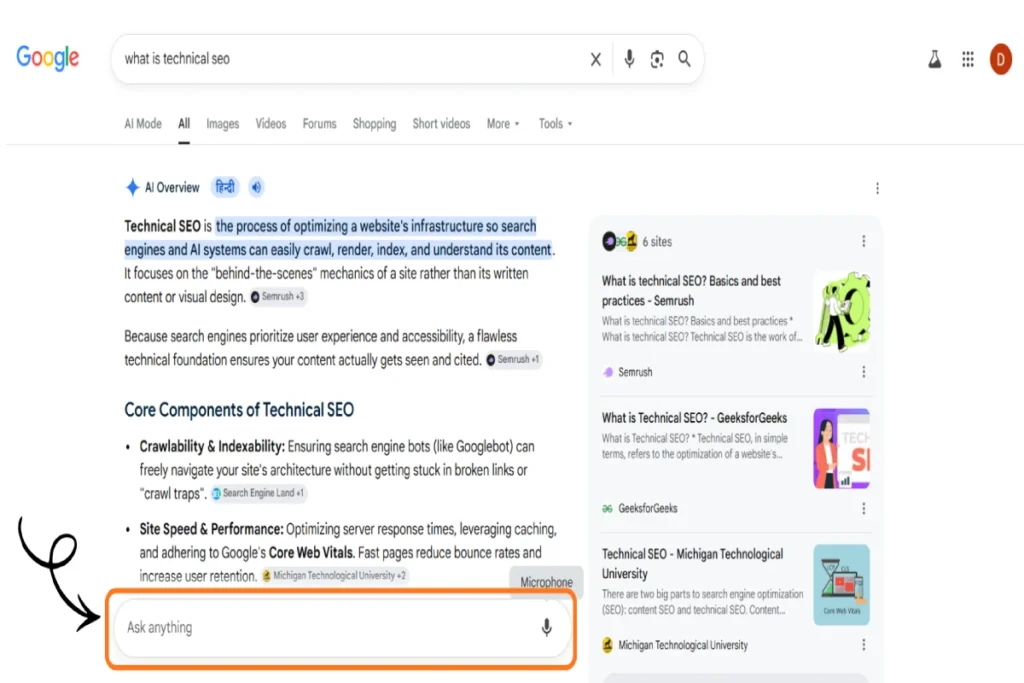 Screenshot of Google Search AI Overview featuring the Ask Anything input field for follow-up queries.