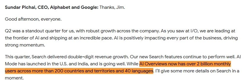 Alphabet Q2 2025 earnings call transcript showing Sundar Pichai confirming AI Overviews has over 2 billion monthly users across more than 200 countries and territories
