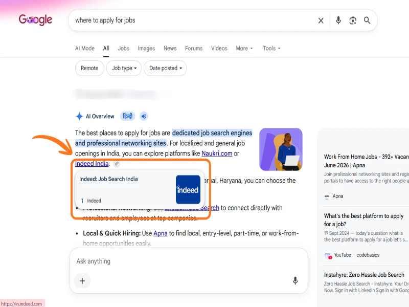Google AI Overview displaying a preview of a linked website on hover