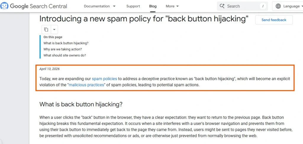 Google Search Central announcement introducing the back button hijacking spam policy update in April 2026.