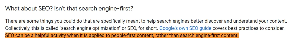 Google's official Creating Helpful Content page confirming that SEO is a helpful activity when applied to people-first content rather than search engine-first content
