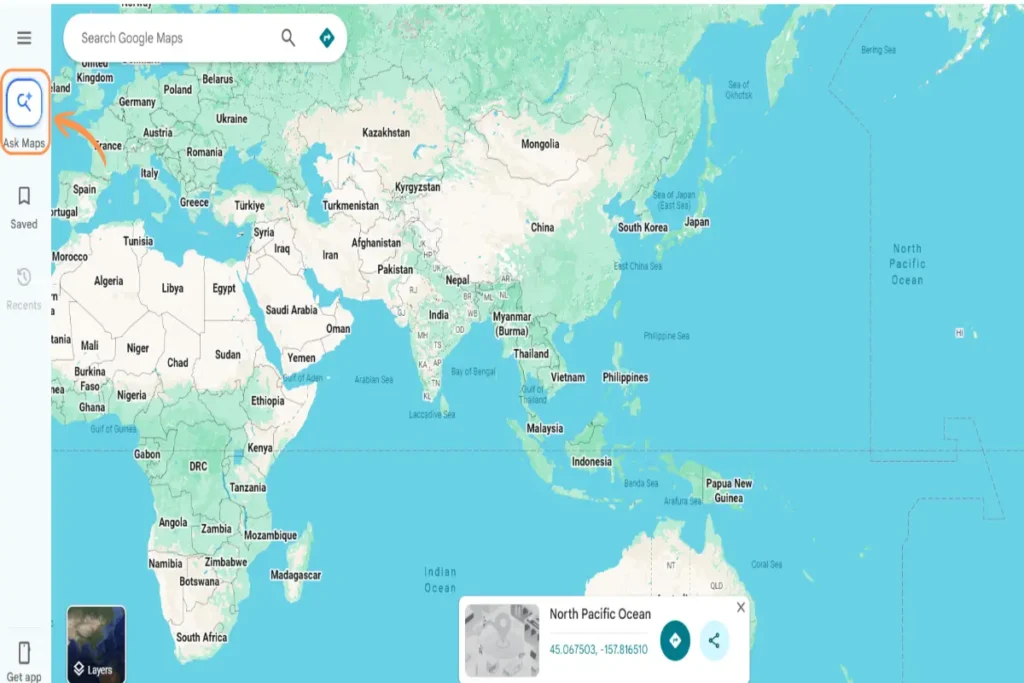 Screenshot of Google Maps with the Ask Maps conversational search feature.