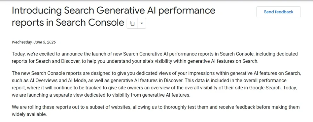 Google Search Central announcement introducing Search Generative AI Performance Reports in Search Console on June 3, 2026