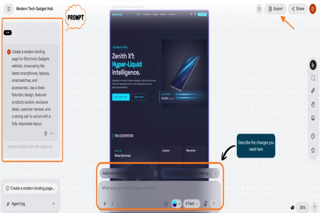 Screenshot of Stitch showing a landing page generated from a text prompt, with the prompt input and edit area highlighted.